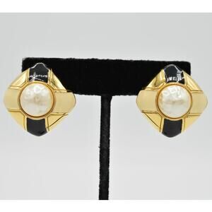 Givenchy Vintage Clip On Earrings Gold Black Enamel White Pearl Signed 1980s 9G